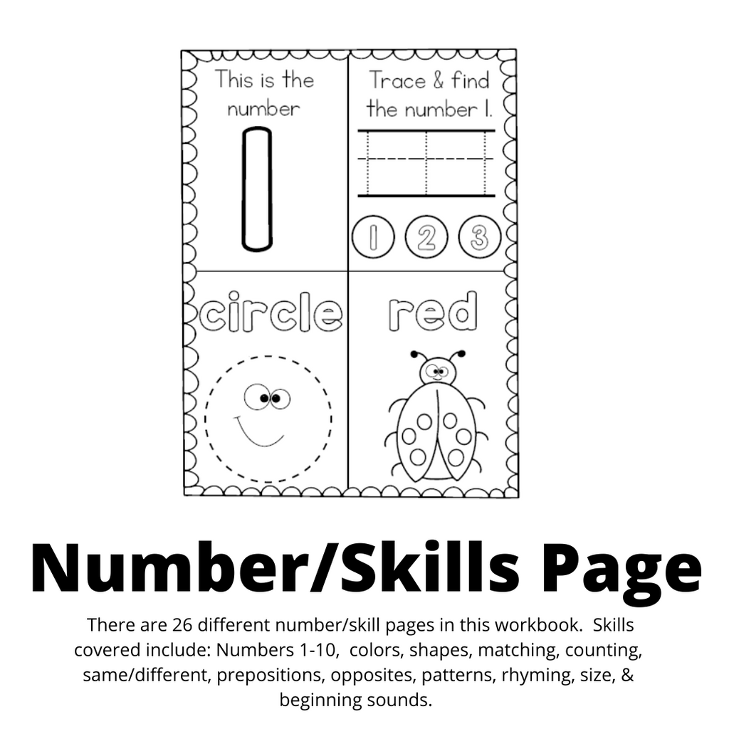 Number and skill pages. This page has the number 1 a section to trace the number 1 a section to trace a circle and a section to color a ladybug red. Words to the side say 26 different number and skills pages. Skills include number colors shapes