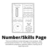  Number and skill pages. This page has the number 1 a section to trace the number 1 a section to trace a circle and a section to color a ladybug red. Words to the side say 26 different number and skills pages. Skills include number colors shapes