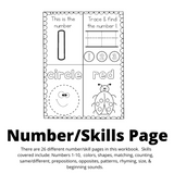 Number and skill pages. This page has the number 1 a section to trace the number 1 a section to trace a circle and a section to color a ladybug red. Words to the side say 26 different number and skills pages. Skills include number colors shapes