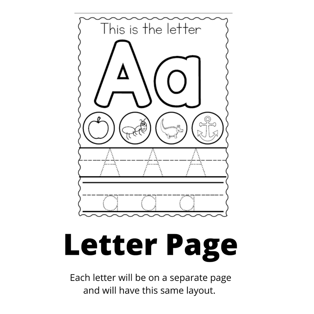 A letter page example from the workbook. It is the letter A with lines for the child to trace the letter. Words to the side say each letter in the alphabet has its own page with this layout.