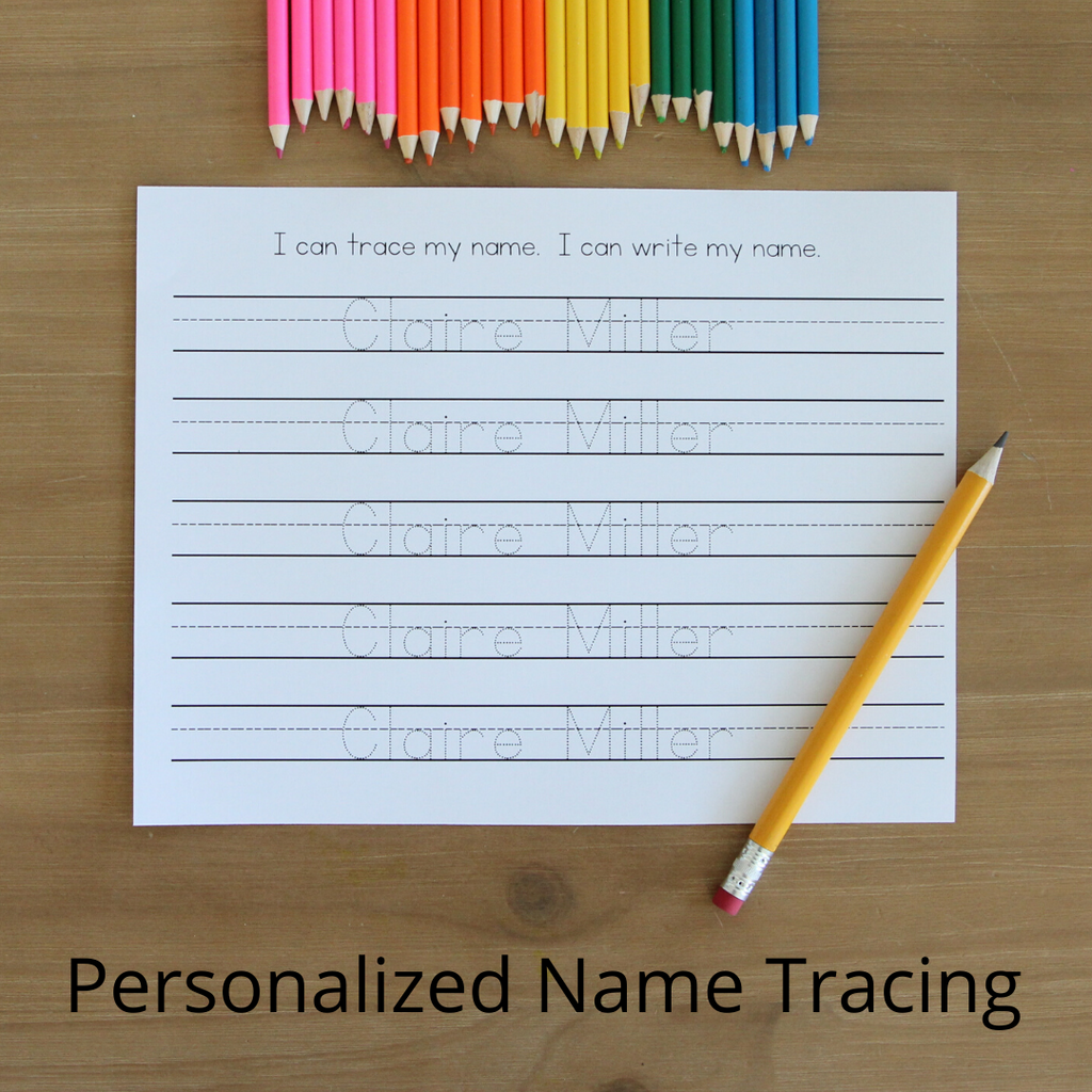 This shows the personalized name tracing activity sheet. The child can practice writing and tracing their name on a laminated page.
