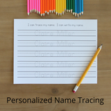 This shows the personalized name tracing activity sheet. The child can practice writing and tracing their name on a laminated page.