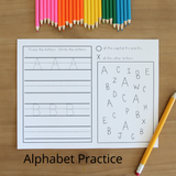 An example of the alphabet practice activity pages included in the workbook. The page includes tracing and writing letters and circling the correct letters.