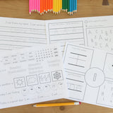 pages are laid out to show the different activity pages included in the kindergarten workbook. There is a page to trace the childs name and a alphabet practice page and a number practice page and a calendar page.