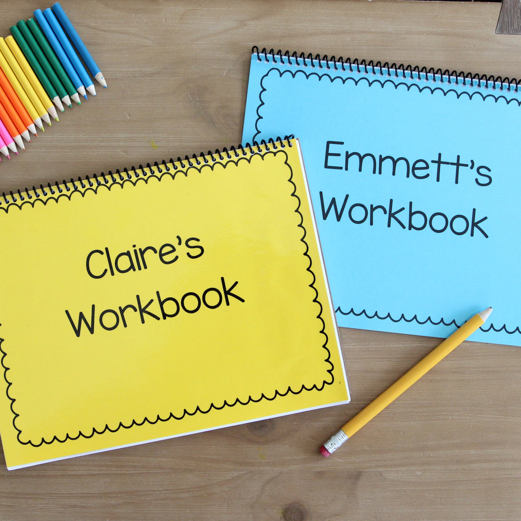 Two colorful workbooks for children. Workbooks are personalized with the childs name. Workbooks for kindergarten learning or homeschool.
