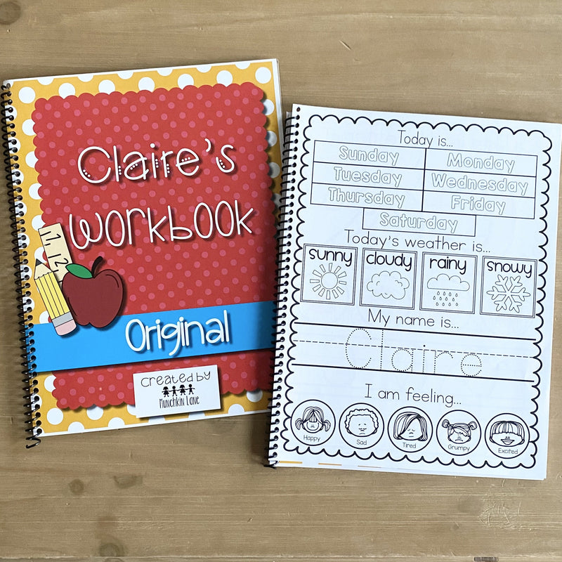 Personalized preschool workbook. 82 spiral bound educational pages. Personalized with your child's name.