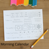 An example of the calendar page included in the kindergarten morning binder. The page has the date and the days of the week and a name tracing and weather and emotions and affirmations.