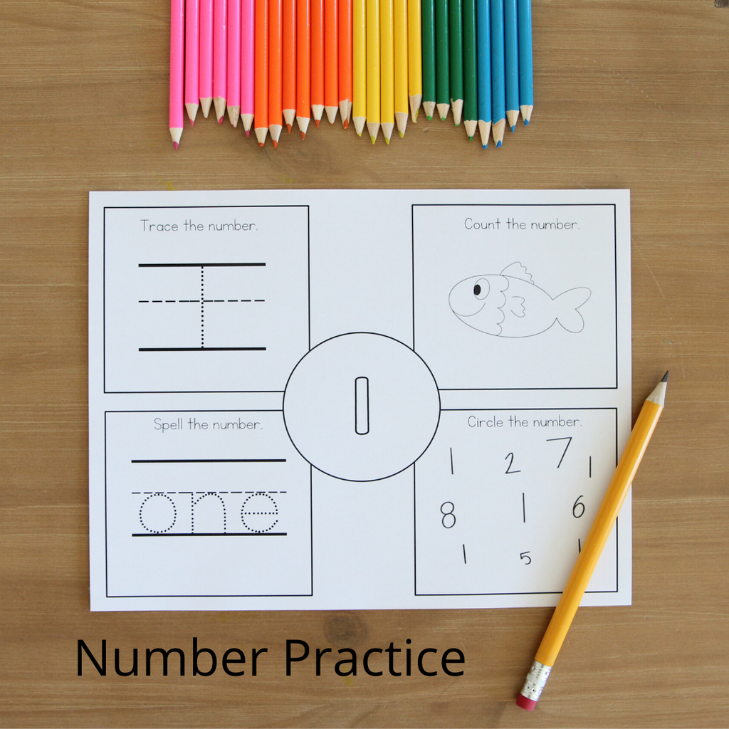 This is an example of the kindergarten number practice activity worksheet. There is a section to trace the number and spell the number and counting and circling the correct number.