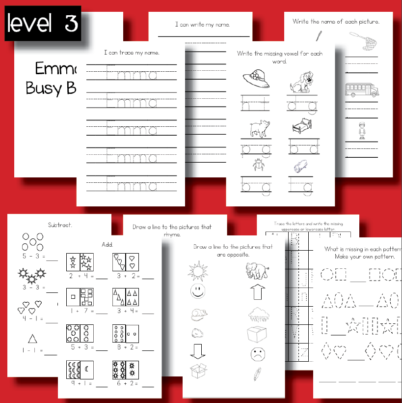 This is the level 3 option which is good for kindergarten age children. It has name tracing spelling addition subtraction opposites and patterns.