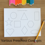 This is an example of the preschool and kindergarten topics included in the workbook. This page shows different shapes to practice tracing.